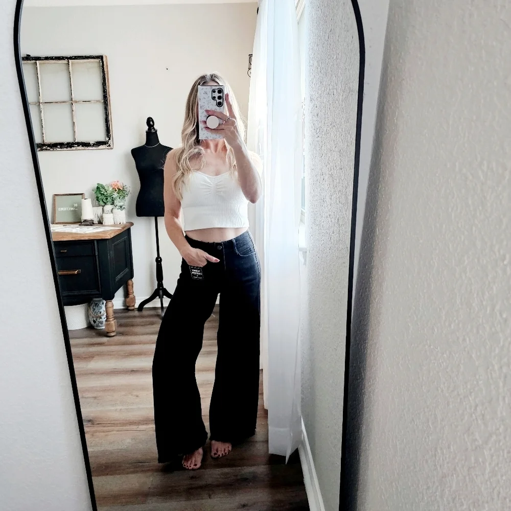 RISEN HR Tummy Control Black Palazzo Jeans Wide Leg Distressed Hems Various NEW - Picture 7 of 13